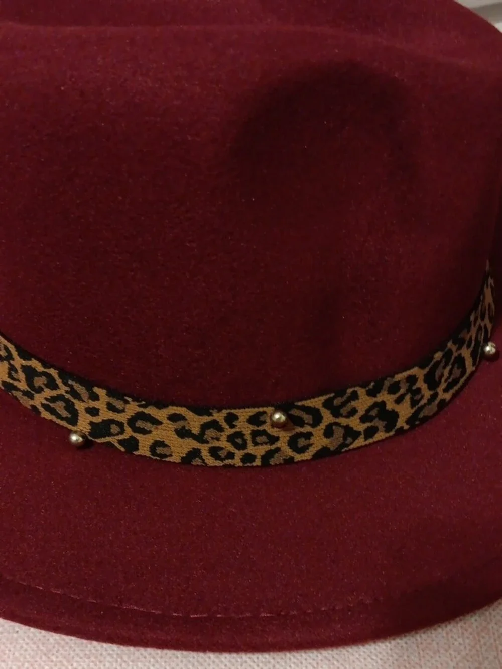 Women’s Burgundy Felt Fedora with Leopard Band and Pearl Accent